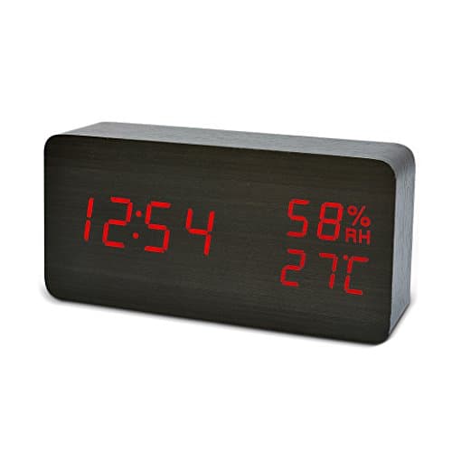 LED Clock,FiBiSonic Home Clock Digital Bedside Touch Sensor Adjustable Brightness with Humidity and Temperature Display black-red