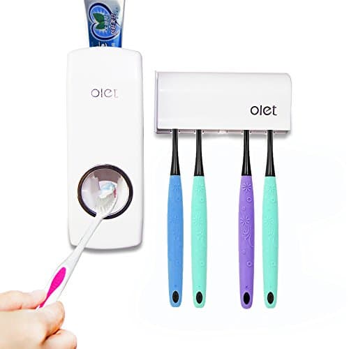 Potentcera Automatic Toothpaste Dispenser 5 Toothbrush Holder Set Dust-proof Wall Mounted with Super Sticky Kids Hands Free Toothpaste Squeezer for Family Washroom bathroom(white)