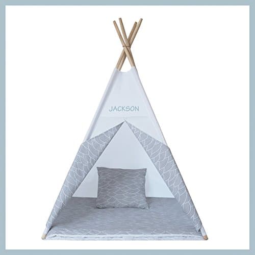 Teepee Tent Tipi White and Grey Waves Set + Quilted Rug + Pillows - Handmade and Unique Personalized