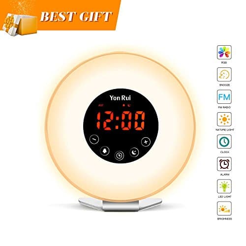 Wake Up Light Clock with Sunrise/Sunset Simulation， Bodyclock Starter Colorful LED Night Light, Touch Control 6 Natural Sounds FM Radio Snooze Function for Kids and Heavy Sleepers