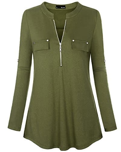 Miurus Work Blouses, Stylish XL Olive Green Half Sleeve Zip V Neck XL Green Tunic Blouses Chic Fake Pocket Fitted Flowy Henley Shirts Casual Blouses