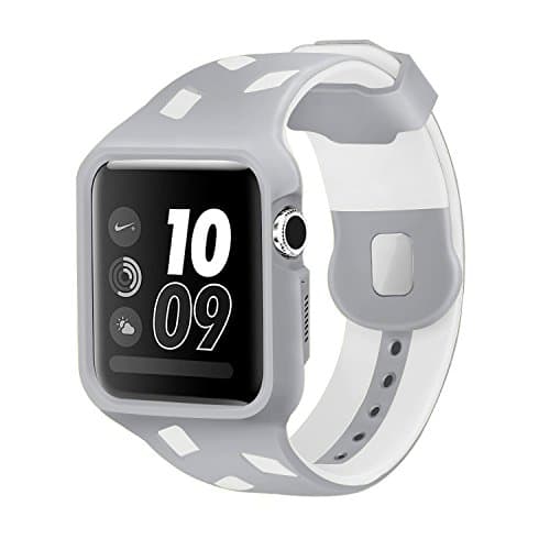 For Apple Watch Strap 42MM, TZFOX Rugged Protective Case with Resilient Strap Bands For Apple Watch 42mm Nike + Series 3 Series 2 Series 1 Sport and Edition (Sliver and White M/L Size)