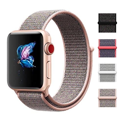CHEEDAY New Nylon Sport Loop iWatch Strap with Hook and Loop Fastener Adjustable Closure Wrist Band Replacment for Apple Watch Nike+ Series 3/2/1,Sport &amp; Edition (42mm, Pink Sand)