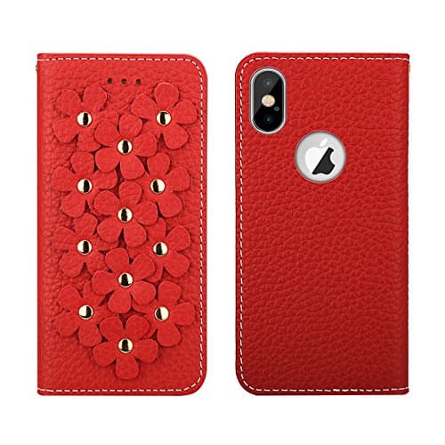 iPhone X Wallet Case Folio (5.8-Inch), 3D Vintage Flower Patchwork Flip Floral Cover PU Leather Wallet Case with 2 Card Holder for Girls and Women (Red)