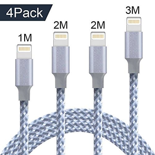 Lightning Cable,WZS® 4Pack 1M 2M 2M 3M Nylon Braided iPhone Charger Cable Charging Lead Cord USB Wire for iPhone X / 8 / 8 Plus / 7 / 7 Plus / 6S / 6S Plus / 6 / 6 Plus / SE / 5S / 5C-Gray White