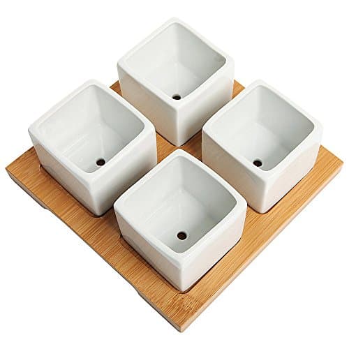 Succulent Pot White Ceramic Pot - Cactus Plant Pot 4 Square Containers with Bamboo Tray