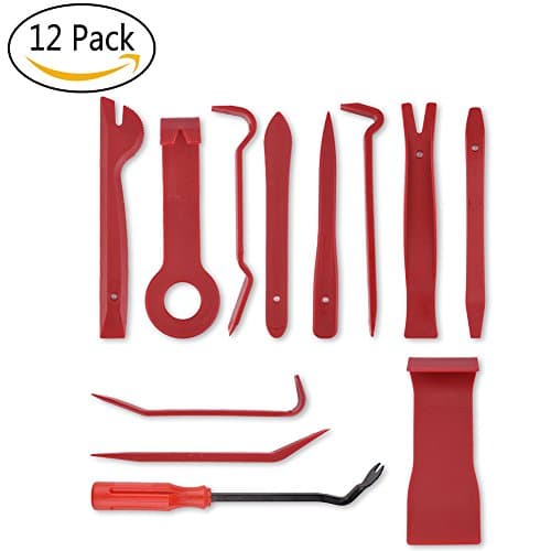 RSPrime 12 pcs Car Trim Removal Tool Set Auto Panel Clip Remover Radio Audio Removal Installation Tool Open Interior Pry Repair Tool for Removing Automotive Door Panel and Dashboard Fascia Upholstery Installer (Red)