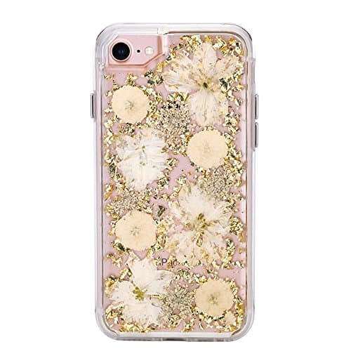 iPhone 7 Case, iPhone 8 Cover - SpiritSun Bling Luxury Case Cover Silver Foil with Natural Flower Model Design Case Transparent Soft Silicone Bumper + Rigid Backcover Phone Case 2 in 1 Hybrid Protective Case for Apple iPhone 7 / 8 (Gold yarrow)