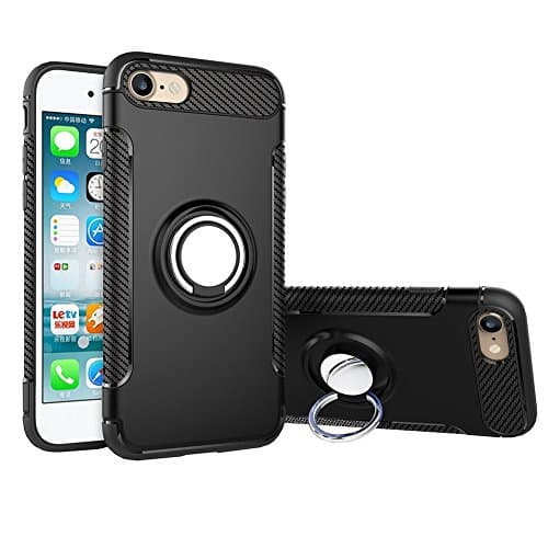 iPhone 8 Plus Case, iPhone 7 Plus Case, Slim Fit Drop Protection Shockproof Case Soft Rubber Bumper Case Scratch Prevention with Ring Holder Kickstand (Black)