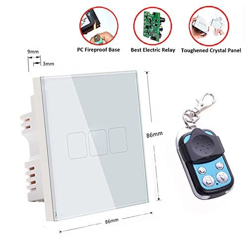 Smart Touch Screen Switch, White UK Standard Touch Panel Remote Control Smart Light Wall Switch 3 Gang 1 Way Crystal Glass Panel Home Wall Light Switch Only Live & Firing Wiring