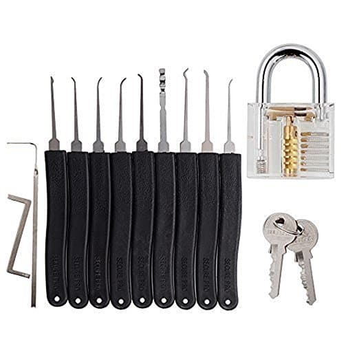 10 Pcs Lock Pick Set Locksmith Tool Lock Picking Kit with Practice PadLock for Beginners and Professionals- 9 Lock Picks + 1 Transparent Padlock