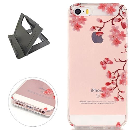 iPhone SE/5S/5 Silicone Gel Case, Keyye Clear Scratch Resistant Shockproof Jelly Rubber Soft Crystal TPU Protective Back Cover Skin Shell with Colourful Pattern Design-Butterfly Flowers