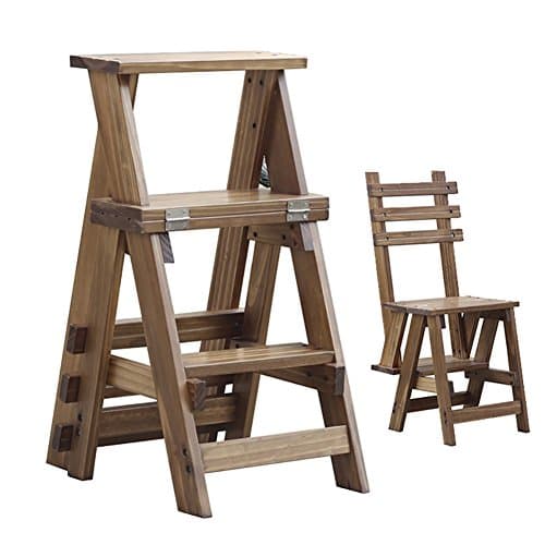 Ladder Stools Folding 3-story Solid Wood Household Step Stools Climbing Stools Flower Stand (Color : Antique walnut color)