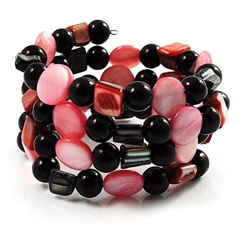 Avalaya Acrylic & Shell Bead Coil Flex Bangle Bracelet (Black & Pink)