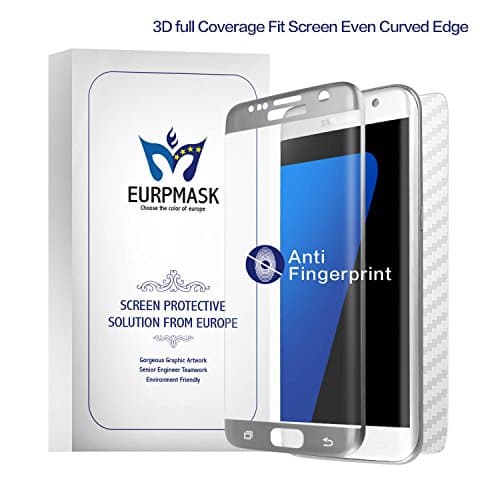 EURPMASK S7 Edge Screen Protector,3D Full Coverage Anti-Glare Tempered Glass Screen Protector Shatter-Proof Resistant Fingerprint Film For Samsung Galaxy S7 Edge[With A Free Full Coverage Carbon Fiber Back Protector][Silver Frame]