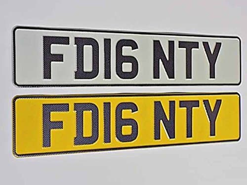 Front and Rear 3D Embossed White x 1 and Yellow x 1 Show Carbon Fibre Characters & Border Reflective Oblong Car Number Plates