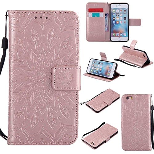 CUSKING Case for Apple iPhone 6 / 6s (4.7 Inch), Premium PU Leather Embossed Flower Wallet Stand Flip iphone 6 iPhone 6s Case Magnetic Shockproof Full Protective Case Cover with Hand Strap - Rose Gold