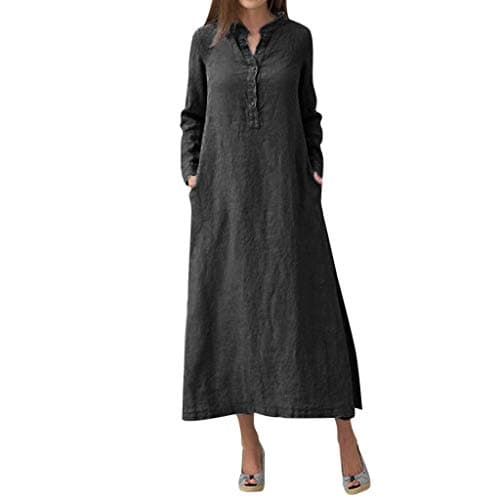 iPOGP Women Kaftan Cotton Linen Solid Long Sleeve Button Plain Casual Elegant Oversize Maxi Shirt Dress Plus