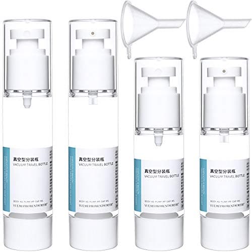 AnFun 4 Pcs Travel Size Empty Plastic Vacuum Piston Emulsion Mist Spray Bottles with 2 Funnels, Transparent Makeup Water Toner Lotion Storage Sprayer Portable Refillable Tube Cosmetic Container Jar