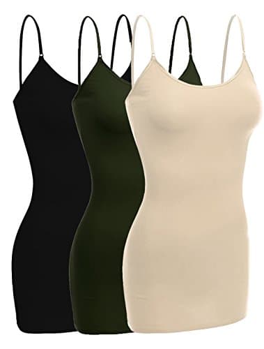 Emmalise Women Basic Built In Bra Spaghetti Strap Cami Top Tank - 3 PK Black Olive Khaki, L