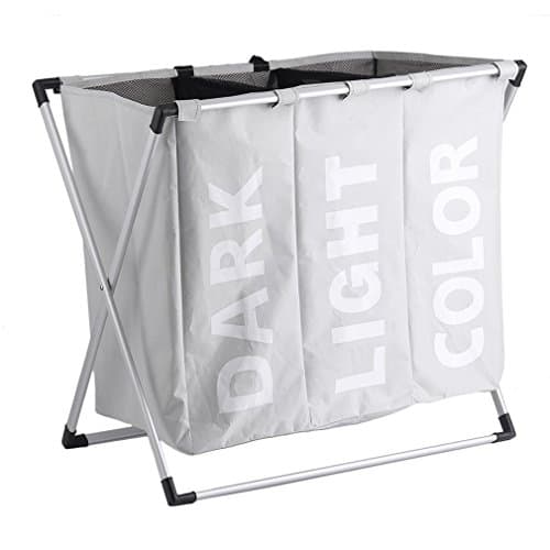 Chriskopher Foldable Practical Large Capacity 3 Section Laundry Washing Clothes Basket Hamper Sorter Folding Organiser with Handle for Bathroom Bedroom Home, Fabric Laundry Hamper Cream White