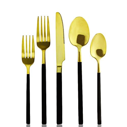 EALEK 5 Piece Flatware Set,Stainless Steel Mirror Flatware Silverware Sets Fork Spoon Knife Dining Set Dishwasher Safe Cutlery Tableware Set Serve for 1 (Gold)