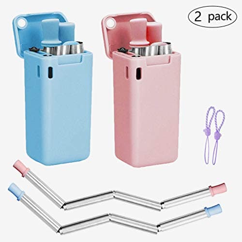 2 Pack Collapsible Reusable Straw, Stainless-grade Portable Straw,with Case and Cleaning Brush for Travel,Household,Outdoor(Blue/Pink)