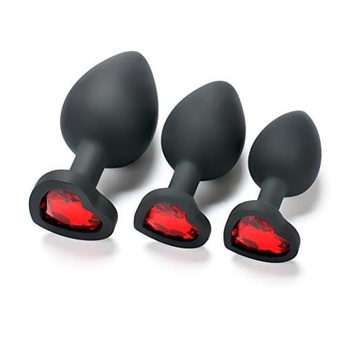 NCWEI 3Pcs/Size Black Soft Silicone Base with Heart Shaped Jeweled Sexy Stimulation for Women Men Couples Lover(Red)