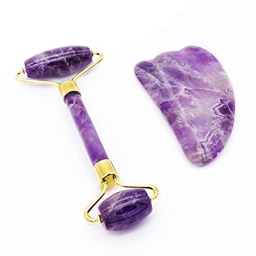 Jade Roller and Gua Sha Tools Set-100% Real Natural Jade Roller For Face To Wrinkles, Anti Aging - Authentic, Durable, Natural, No Squeaks（Amethyst）