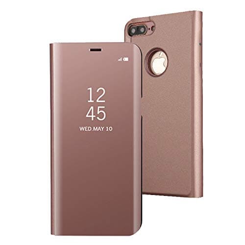 Dfly iPhone 7 Plus/iPhone 8 Plus Mirror Plating Flip Case, Premium Window View Translucent Ultra Thin Hard Anti-Scratch Shockproof Vertical Cover for iPhone 7 Plus/iPhone 8 Plus 5.5", Rose Gold