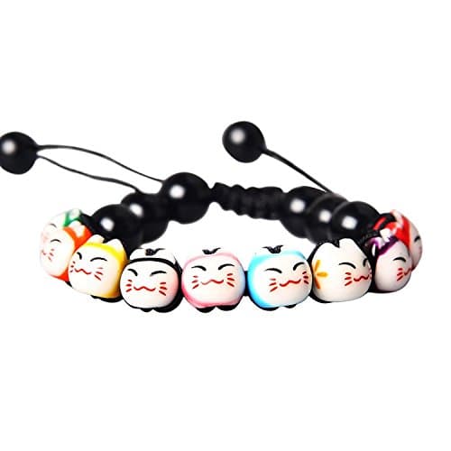 Honta Lucky Cat Bracelet Charm Ceramic Beads Pine Black String Stone Bracelets Adjustable(Black rope)