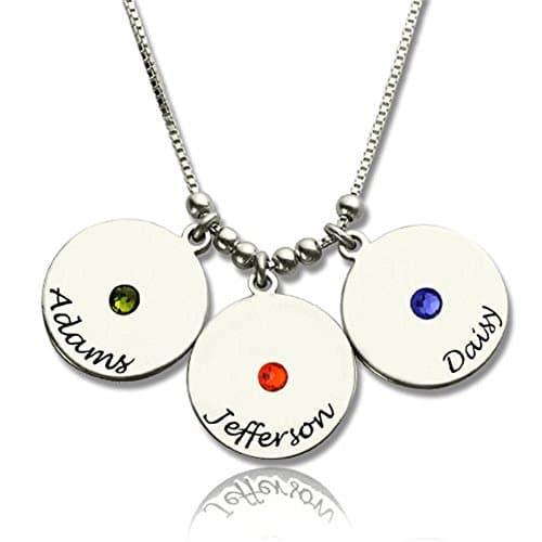 Three Discs Necklace with Birthstones for Mom in Silver - Customized with any name