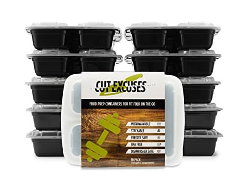 Meal Prep Containers by Cut Excuses: 10-pack 3-compartments lidded food containers/clear, stackable,leak-proof, air-tight food storage containers BPA-Free, microwave, dishwasher, &amp; freezer safe