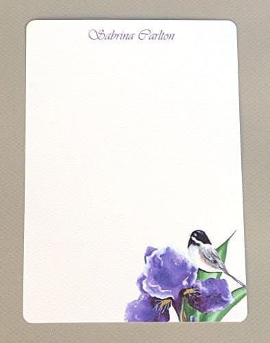 Chickadee &amp; Purple Iris Women's Personalized Monogram Flat Note Cards With Envelopes, Custom Stationery Set, Girl's Monogram Stationary Kit