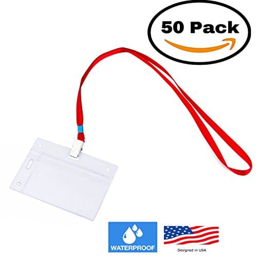 50 VERTICAL & HORIZONTAL Name Tag Holders with Lanyards I Sealable Waterproof Name Badge Holders with Red Clip Lanyards (50 SETS)