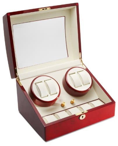 Cherry Quad Watch Winder with Extra Storage for Automatic Watch with Program Timer Four Cherry Wood Finish