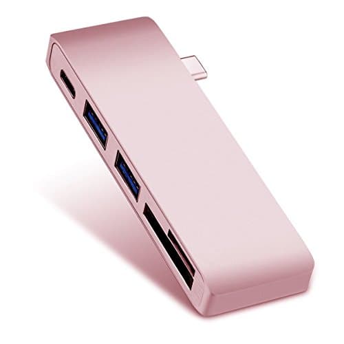 Type C Hub, Type-C USB 3.0 5 in 1 Hub, Aluminum Multi-Port Adapter with Type-C 3.0 Charging Port for MacBook, Google Chromebook, Type-C Pass Through, 2 USB 3.0 Ports, SD/Micro Card Reader (Rose Gold)