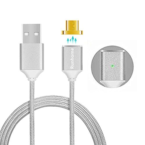 [Upgraded Version] Runhome Magnetic Micro USB Fast Charger Braided Power Cord, Strong Magnet USB Charging Cable with LED Indicator Adapter for Android Kindle Samsung LG Huawei Moto 3Ft Silver