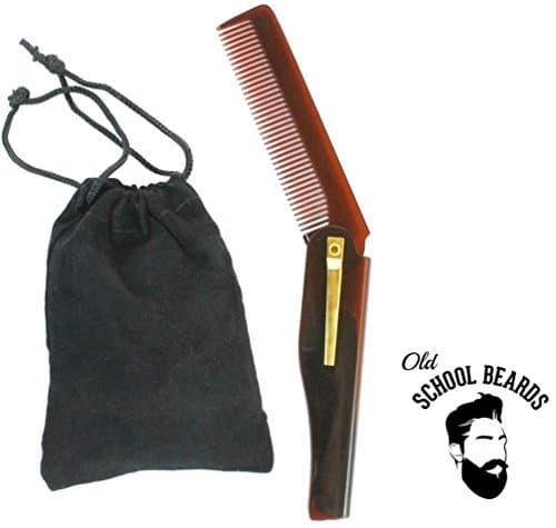 Beard and Mustache Folding Pocket Comb for Men by Old School Beards, Dark Coffee Colored 40 Tooth Course Comb with Clip and Gift Bag, No Snag Design