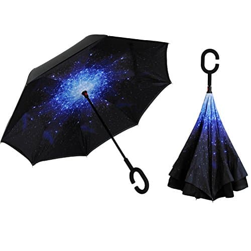 Inverted Umbrella Double Layer Wind Proof,UV Proof Reverse Folding Travel Umbrella with C Shape Handle and Carrying Bag
