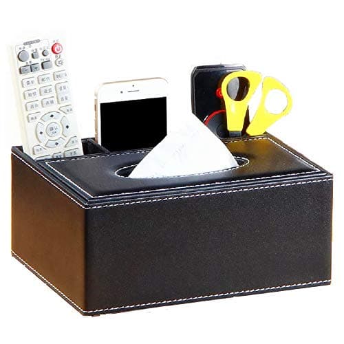 Eonyea Rectangular Tissue Box Cover, ultifunction PU Leather Pen Pencil Remote Control Tissue Box Cover Holder Desk Storage Box Container for Home and Office Use (Black)