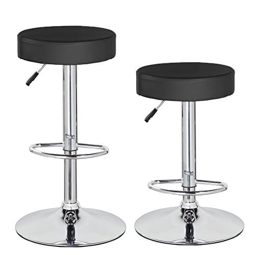 Anji Swivel Adjustable Backless Counter Height Leather Bar Stools Set of 2 with Round Seat and Chrome Base Black