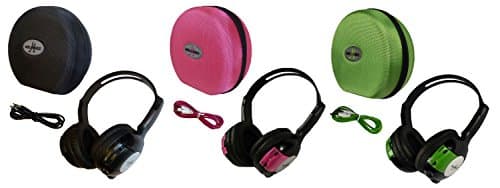3 Pack Kid Sized Wireless Infrared Universal Car DVD IR Automotive Colored Adjustable 2 Channel Headphones With Case and 3.5mm Auxiliary Cord