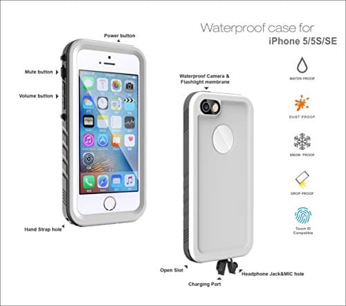 Waterproof iPhone 5/5S Case, IPX-8 Certified Extremely Durable, 6.6ft Underwater Waterproof, Shockproof, Dust proof, Snowproof, Droproof, Fully Sealed (WHITE).