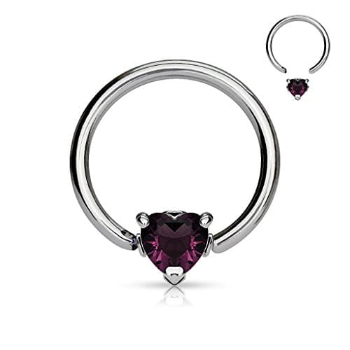 14G 1/2" Captive Bead Ring With Solitaire Heart CZ Stone. Multiple Clors Available! (Sold Individually) (14G, Purple, 1/2")