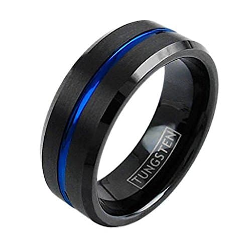 Black Tungsten Ring Thin Blue Line Brushed Band Personalized Engraving (tungsten (8mm), 11)
