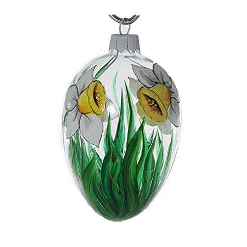 "White Daffodils" Hand Blown Glass Easter Egg Ornament.