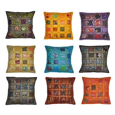 Third Eye Export 10 Pc Lot Square Embroidered Sequine Patchwork Home Decor Cushion Cover Indian Sari Chindi Pillow Cover Handmade 16 Box Cushion Covers Set 16X16 Inches