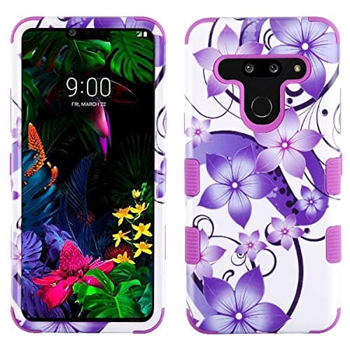 Phonelicious LG G8 Thinq Case Military Grade 3-Layer Armor Hybrid Rugged Silicone Heavy Duty Phone Cover Compatible with LG G8 (Purple Hibiscus)