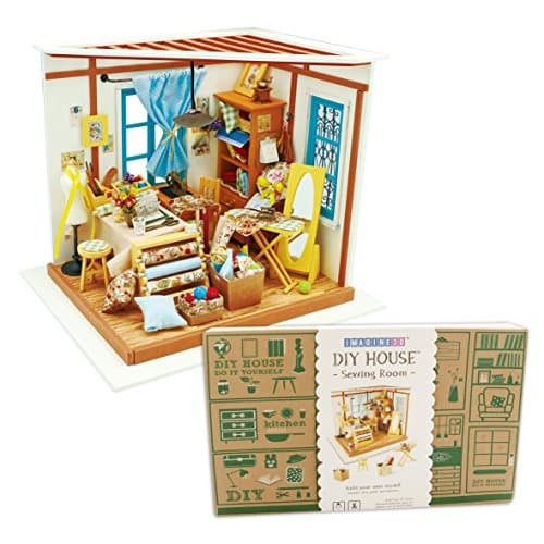 Imagine 3D DIY House Model Kit Sewing Room with LED Light Kit - Miniature Dollhouse Build It Yourself Kit for Hobbyists and Enthusiasts